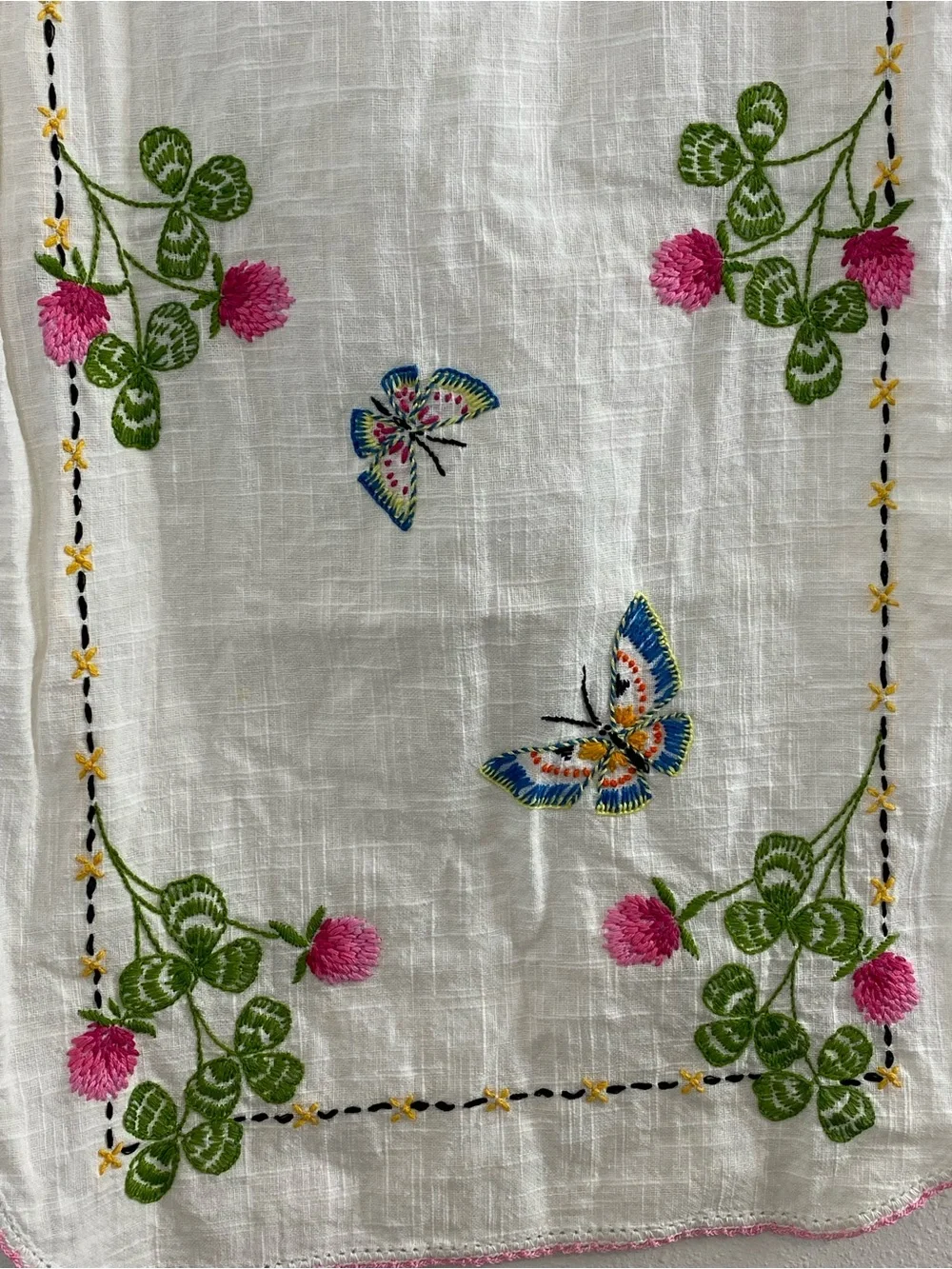 Vintage Embroidered Table Runner with Butterflies & Flowers